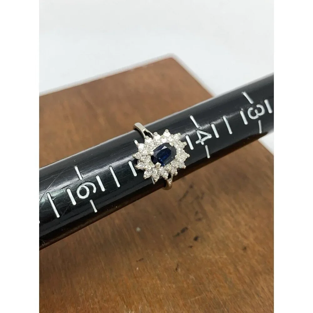 Blue Gemstone Diamond Cocktail Ring 14k White Gold Estate Women's Size 4.75